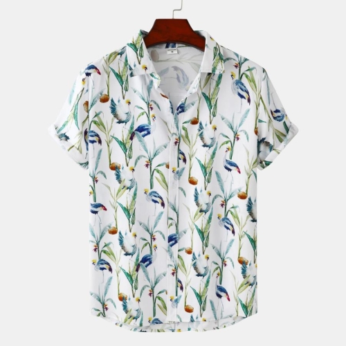 Casual plus size non-stretch bird & plant batch printing short sleeve men shirts