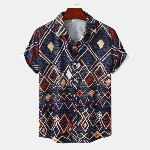 Casual plus size non-stretch geometric pattern printing short sleeve men shirt