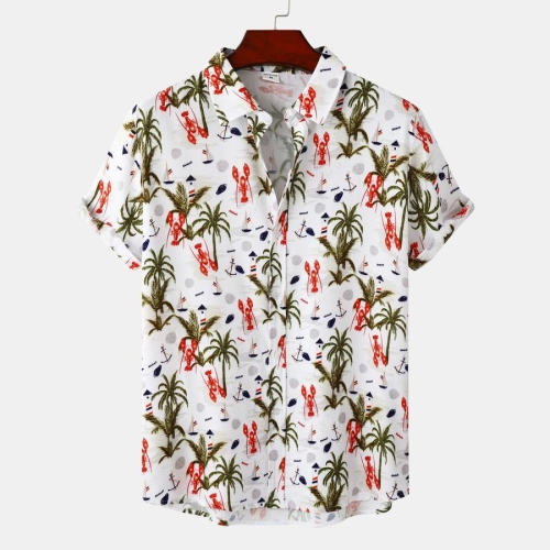 Casual plus size non-stretch coconut tree & lobster batch printing men shirt