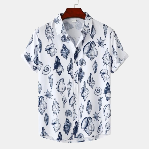 Casual plus size non-stretch conch batch printing short sleeve men shirt