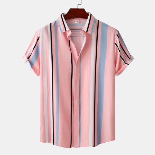 Casual plus size non-stretch pink stripe printing short sleeve men shirt