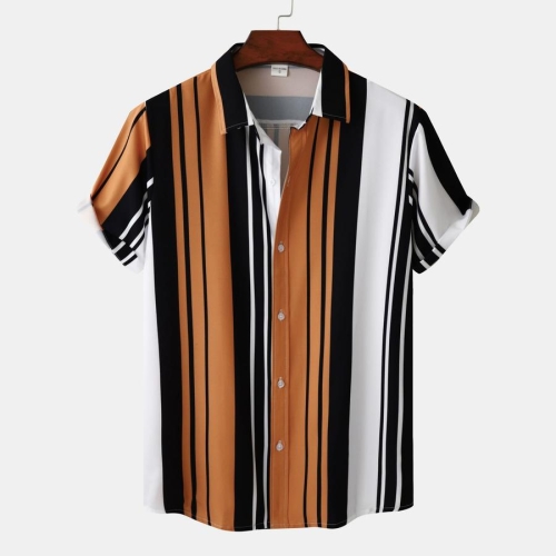 Casual plus size non-stretch contrast stripe printing short sleeve men shirt