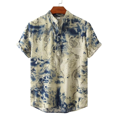 Casual retro plus size non-stretch tie dye printing short sleeve men shirt
