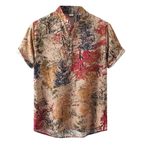 Casual retro plus size non-stretch tree batch printing short sleeve men shirt