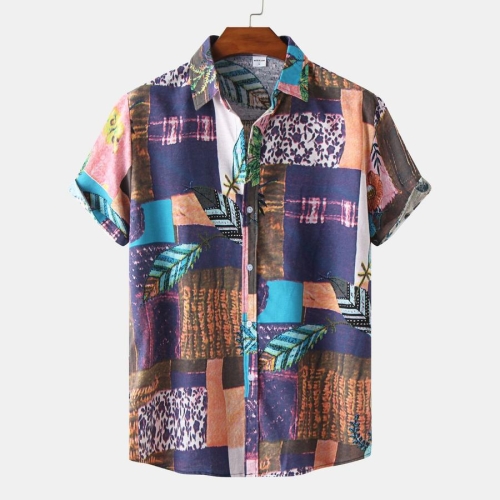 Casual retro plus size non-stretch batch printing short sleeve men shirt