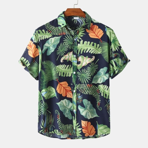 Casual plus size non-stretch leaf batch printing short sleeve men shirts