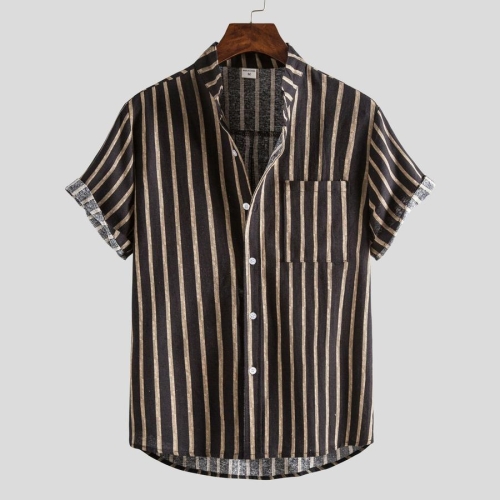 Casual plus size non-stretch striped short sleeve pocket men shirts
