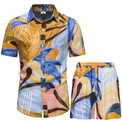 Casual plus size non-stretch multicolor batch print drawstring men shorts sets