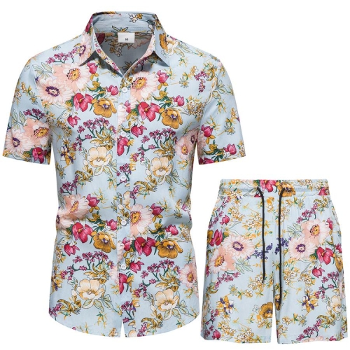 Casual plus size non-stretch floral batch printing drawstring men shorts sets