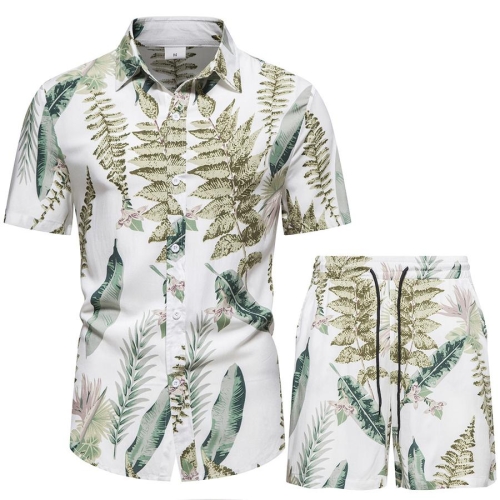 Casual plus size non-stretch plant allover printing drawstring men shorts sets