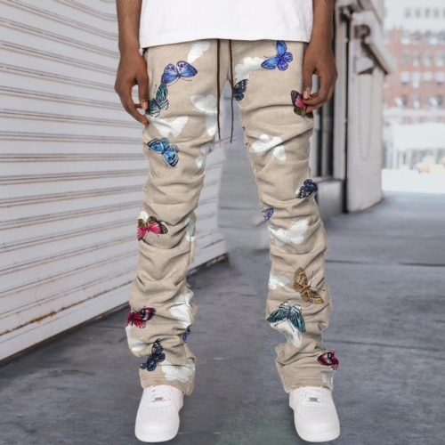 Stylish plus size non-stretch butterfly print pocket men's straight pants