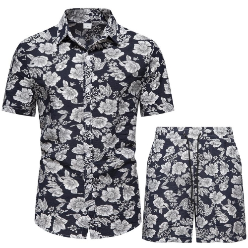 Casual plus size non-stretch flower allover printing drawstring men shorts sets