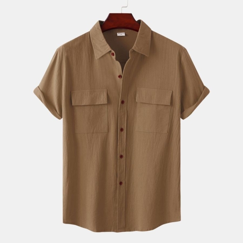 Casual plus size non-stretch solid color short sleeve pocket men shirt