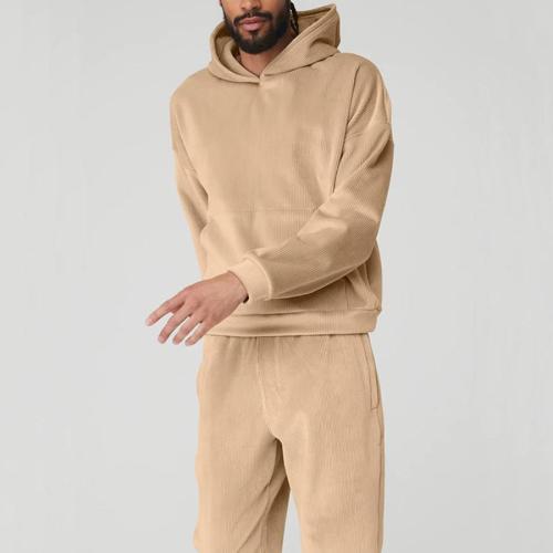 Stylish plus size slight stretch pocket hooded men's sweatshirt pants set