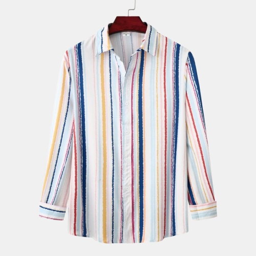 Casual plus size non-stretch multicolor stripe printing long sleeve men shirt#3#