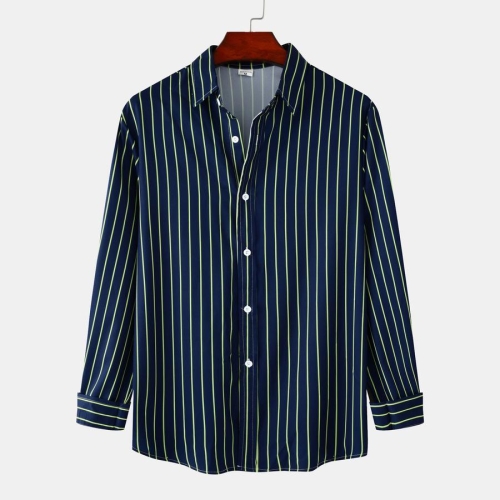 Casual plus size non-stretch dark blue stripe printing long sleeve men shirt