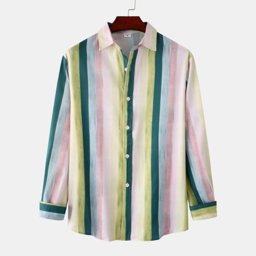 Casual plus size non-stretch multicolor stripe printing long sleeve men shirt#4#