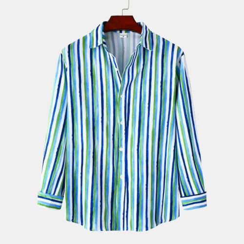 Casual plus size non-stretch multicolor stripe printing long sleeve men shirt#6#