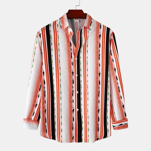 Casual plus size non-stretch multicolor stripe printing long sleeve men shirt#7#