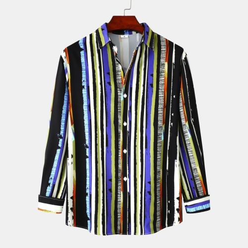 Casual plus size non-stretch multicolor stripe printing long sleeve men shirt#8#