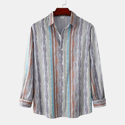 Casual plus size non-stretch multicolor stripe print long sleeve men shirt#10#