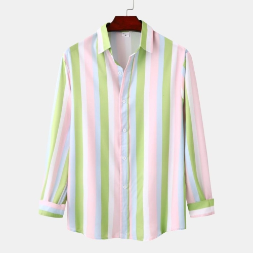 Casual plus size non-stretch multicolor stripe print long sleeve men shirt#11#