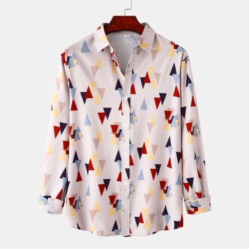 Casual plus size non-stretch triangle pattern batch print long sleeve men shirt