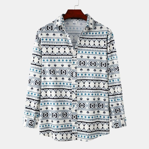 Casual retro plus size non-stretch geometric pattern print long sleeve men shirt