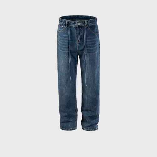 Fashion high street zip-up pocket non-stretch denim straight jeans