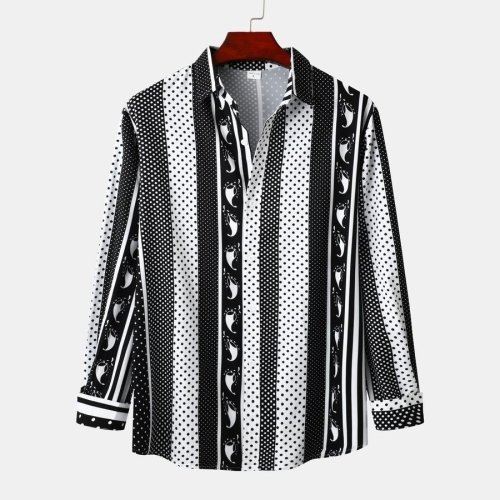 Casual plus size non-stretch stripe and dot batch printing long sleeve men shirt