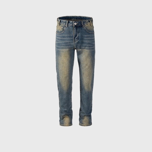 Stylish non-stretch denim pocket zip-up high street washed jeans