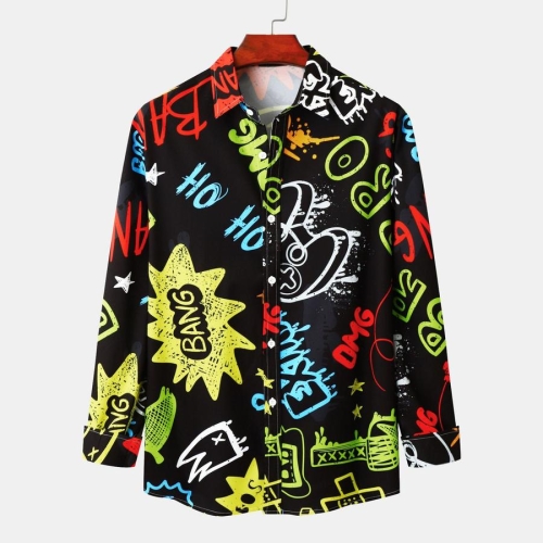 Casual plus size non-stretch graffiti & letter printing long sleeve men shirt#1#