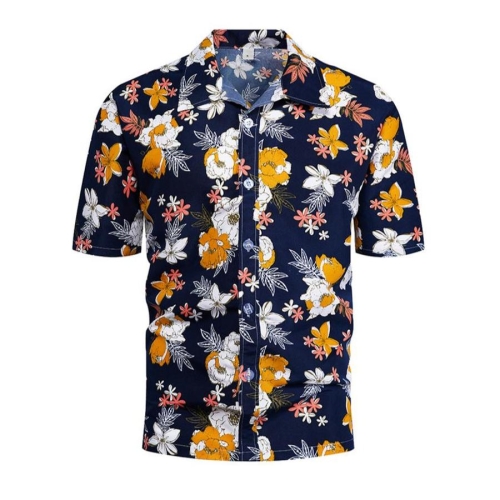 Casual plus size non-stretch flower batch printing short sleeve men shirt