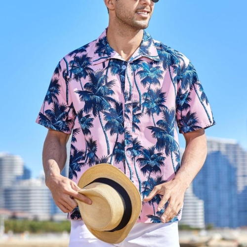 Casual plus size non-stretch 2 colors coconut tree print short sleeve men shirt