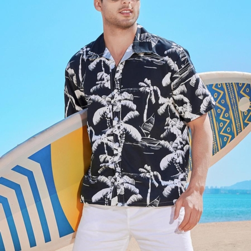 Casual plus size non-stretch coconut tree batch printing short sleeve men shirt