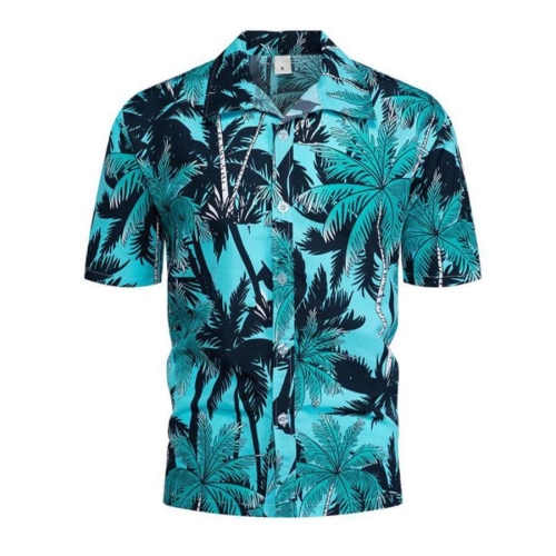 Casual plus size non-stretch coconut tree allover print short sleeve men shirt