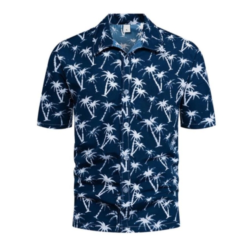 Casual plus size non-stretch coconut tree batch print short sleeve men shirt