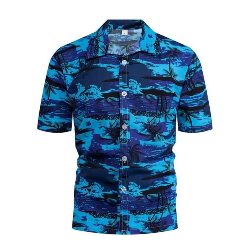 Casual plus size non-stretch coconut tree & beach print short sleeve men shirt