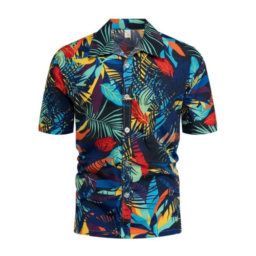 Casual plus size non-stretch leaf batch printing short sleeve men shirt#2#