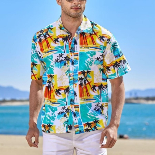 Casual plus size non-stretch coconut tree printing short sleeve beach men shirt