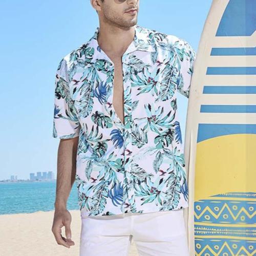 Casual plus size non-stretch leaf allover printed short sleeve beach men shirt