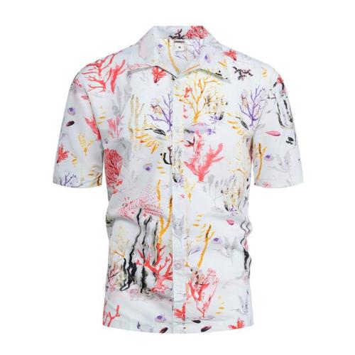 Casual plus size non-stretch coral allover printing short sleeve beach men shirt