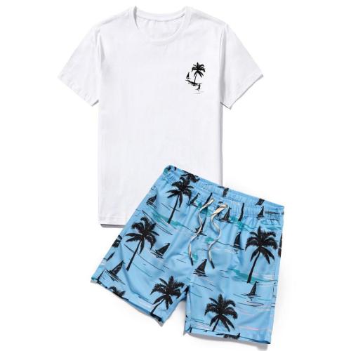 Casual plus size slight stretch coconut tree print men shorts sets(with lined)