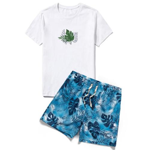 Casual plus size slight stretch leaf printing beach men shorts sets(with lined)