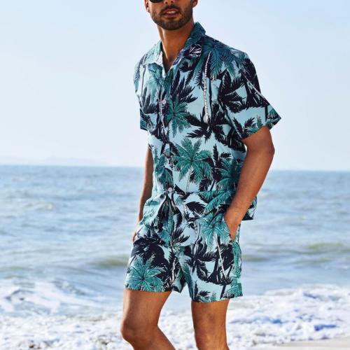 Casual plus size non-stretch coconut tree print beach vacation men shorts sets(with lined)
