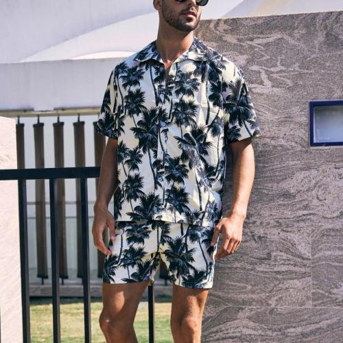 Casual plus size non-stretch batch print beach men shorts sets(with lined)