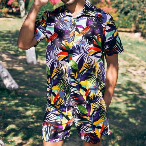 Casual plus size non-stretch leaf batch print beach men shorts sets(with lined)