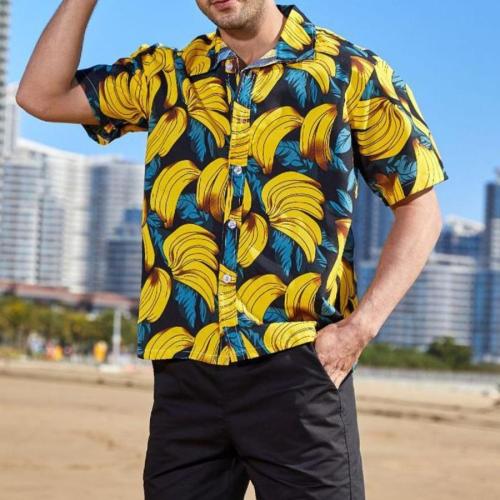 Casual plus size non-stretch banana print short sleeve beach men shirt