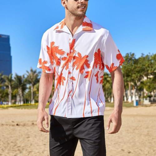 Casual plus size non-stretch orange batch print short sleeve beach men shirt