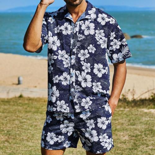Casual plus size non-stretch floral print beach men shorts sets(with lined)#1#